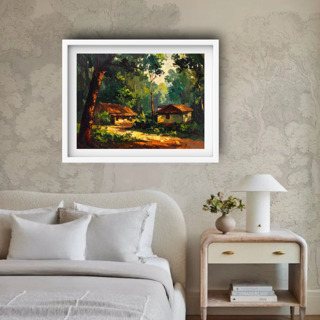 Framed landscape painting above a bed in a bedroom setting