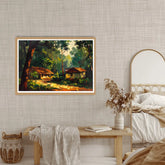 Framed painting of a forest scene on a wall above a wooden bench with a vase and books.