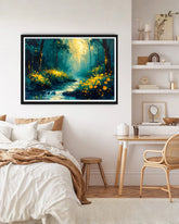 Abstract forest stream canvas wall art in bedroom interior