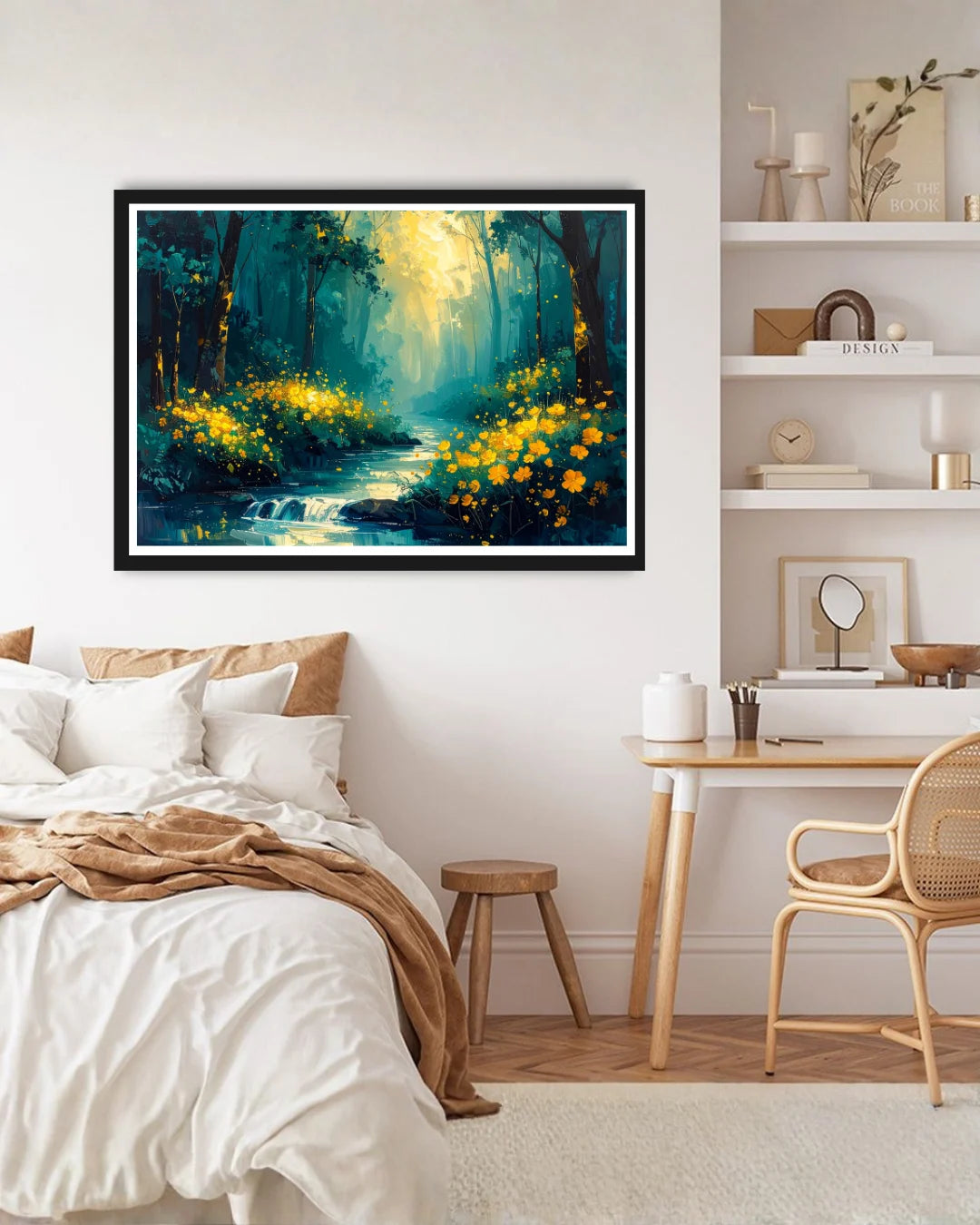 Abstract forest stream canvas wall art in bedroom interior
