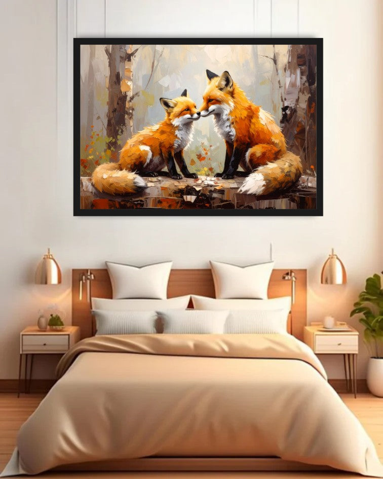 Fox family wall art displayed above a bed in a warm and inviting contemporary bedroom.