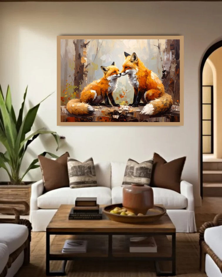 Fox family canvas wall art displayed in a cozy modern living room with elegant contemporary décor.
