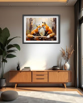 Premium fox family canvas artwork enhancing a minimalist living room with wooden furniture.