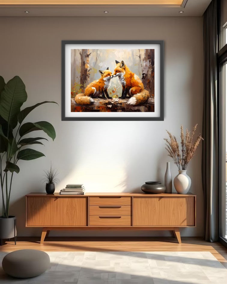 Premium fox family canvas artwork enhancing a minimalist living room with wooden furniture.