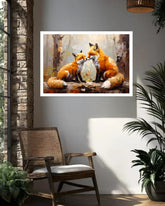 Framed fox family canvas painting showcased in a stylish modern living room with natural lighting.