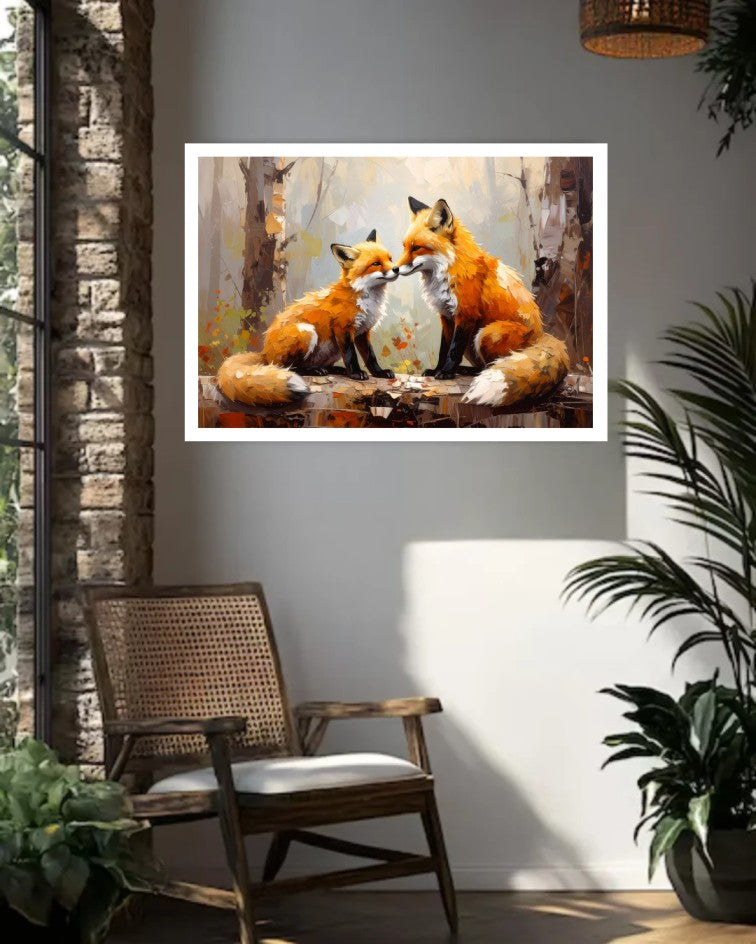 Framed fox family canvas painting showcased in a stylish modern living room with natural lighting.