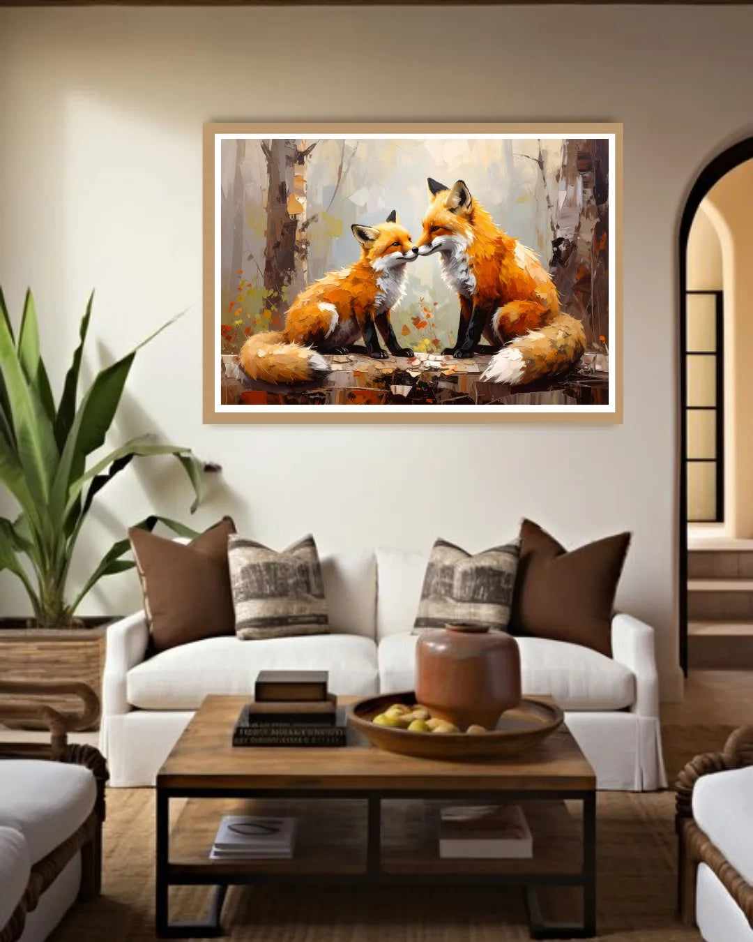 Living room with a painting of two foxes on the wall above a white sofa.