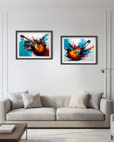 Two framed abstract guitar art prints hang on a white wall above a light beige sofa in a modern living room setting.