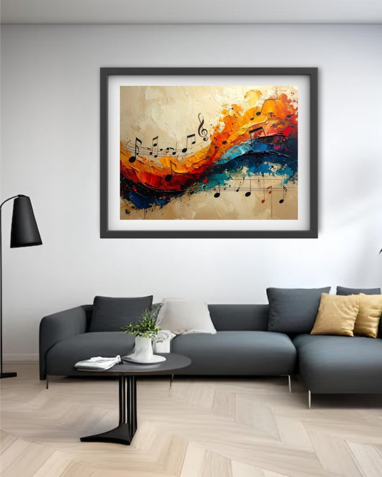 A framed abstract wall art print featuring a musical note pattern over flowing orange, red, blue, and black brushstrokes on a beige background, displayed above a modern gray sectional sofa in a living room setting.