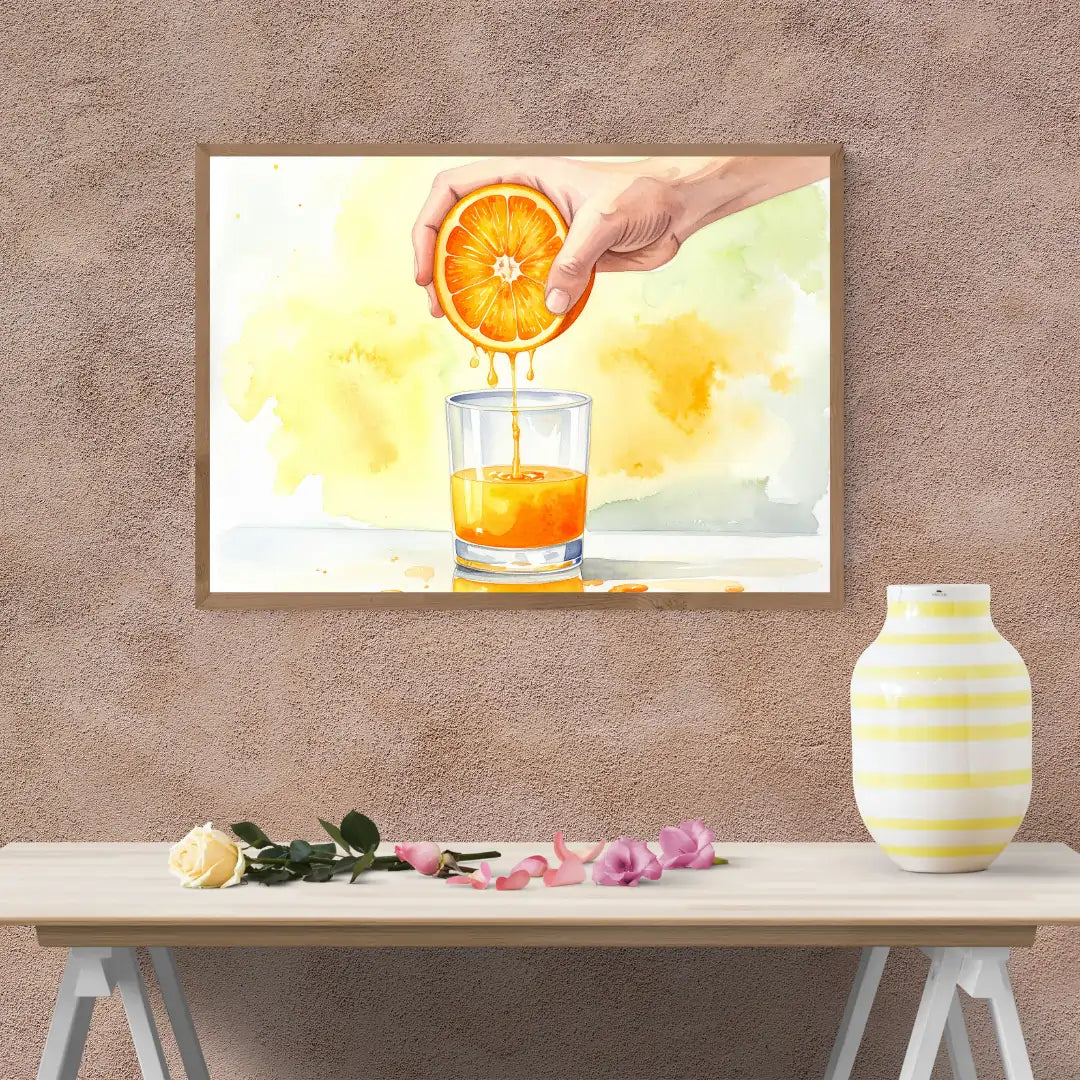 Fresh juice wall art canvas decor with bright orange tones