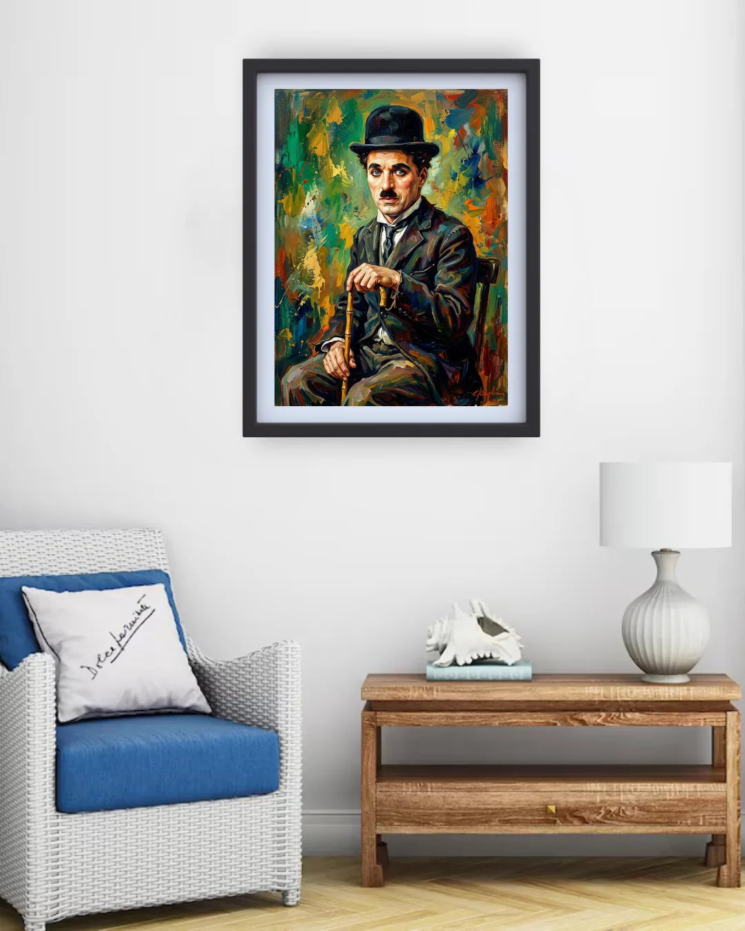 vintage gentleman canvas artwork displayed in cozy living room