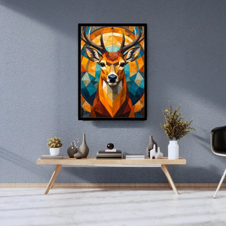 Modern geometric deer canvas wall art displayed above a wooden console table in a contemporary living room.