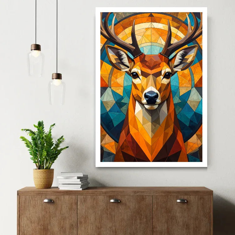 Colorful geometric deer canvas wall art displayed above a wooden console table with modern home decor