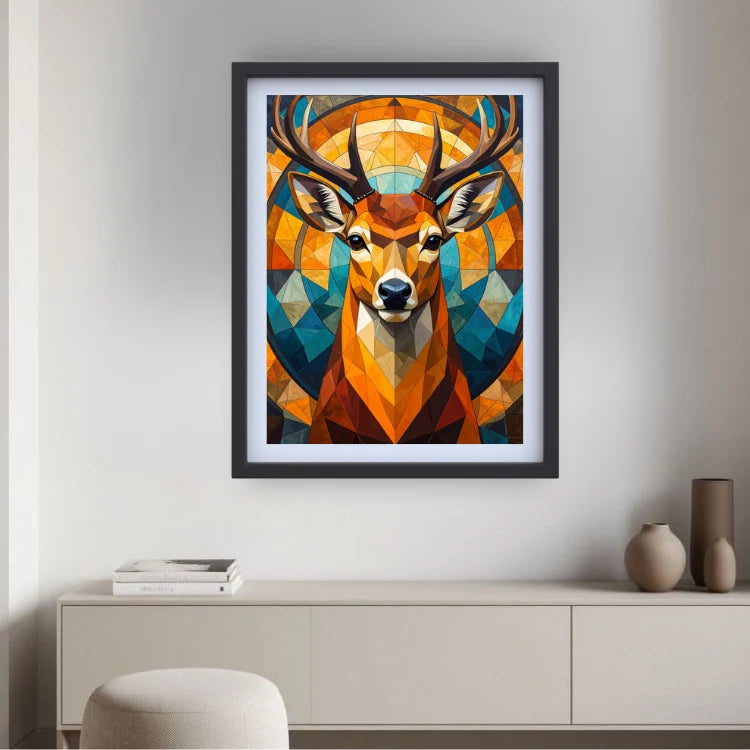 Framed geometric deer canvas wall art displayed in a stylish neutral-toned modern living room