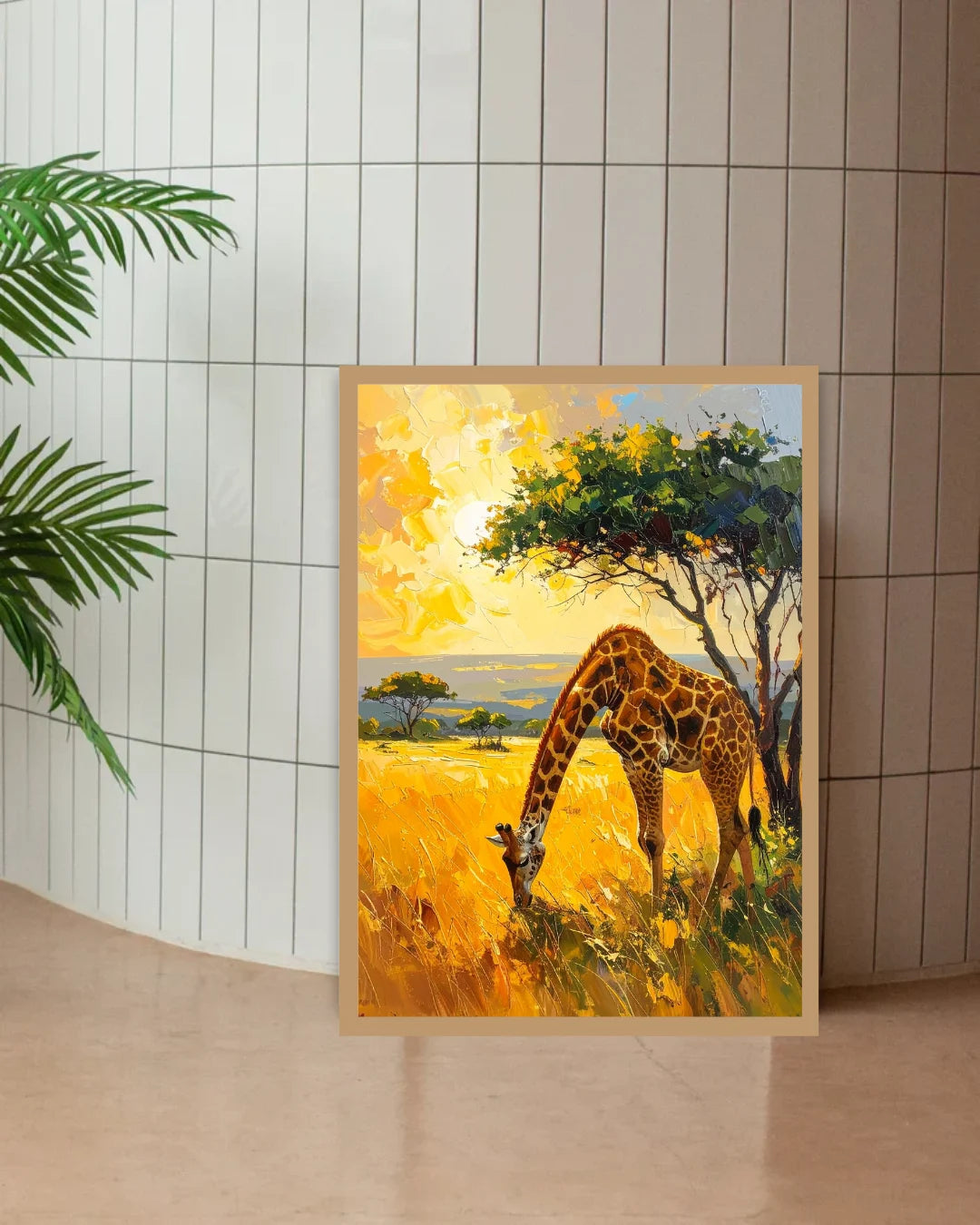 Framed painting of a giraffe in a savannah scene on a tiled wall.