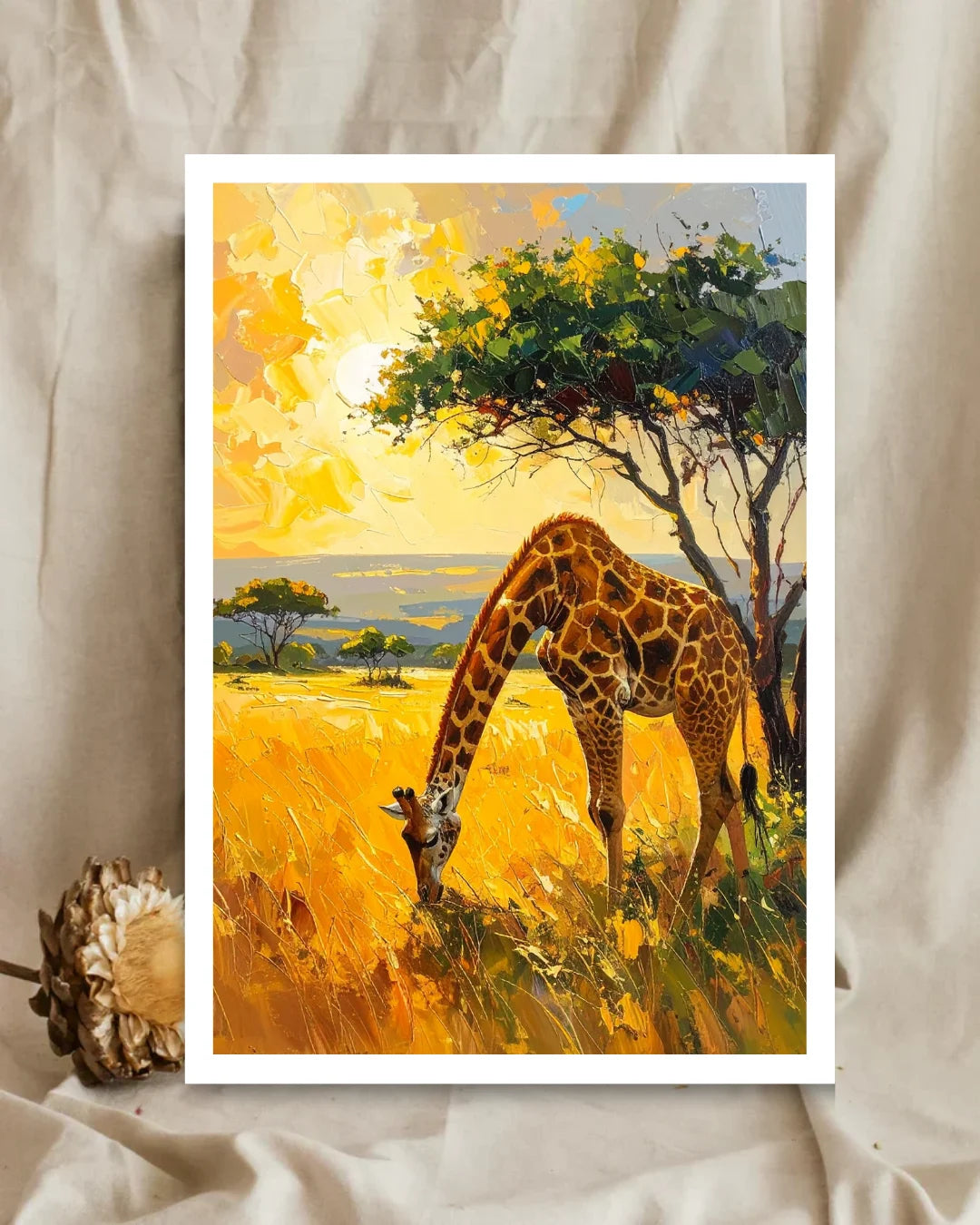 Painting of a giraffe in a savannah landscape with a tree and sunlit sky.