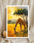 Painting of a giraffe in a savannah landscape with a tree and sunlit sky.
