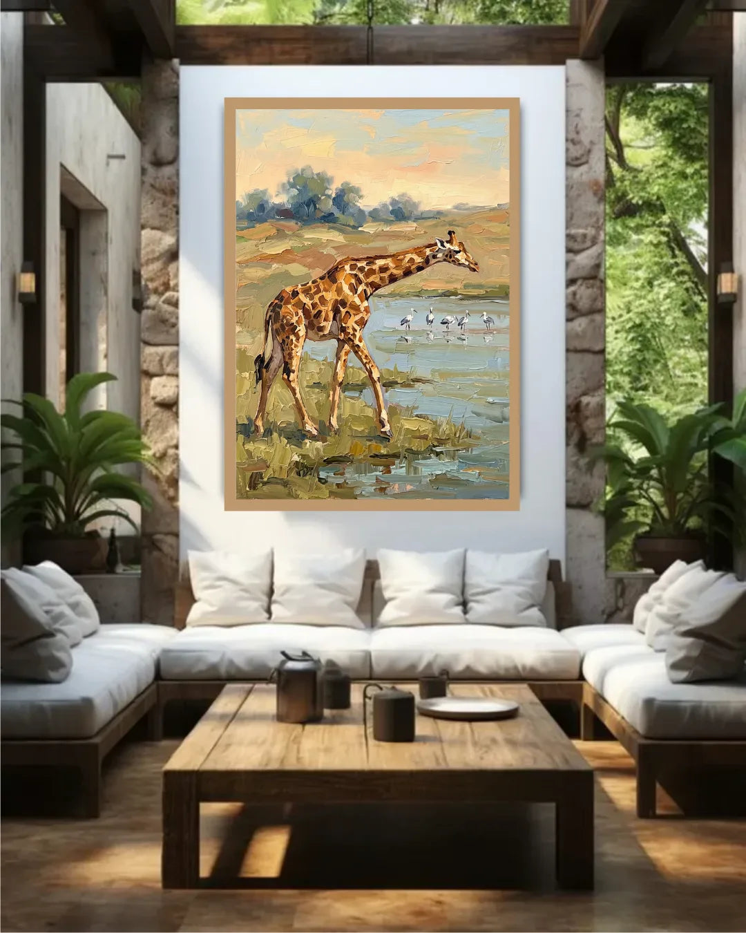 Giraffe painting on a wall in a modern living room with outdoor view