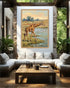 Giraffe painting on a wall in a modern living room with outdoor view