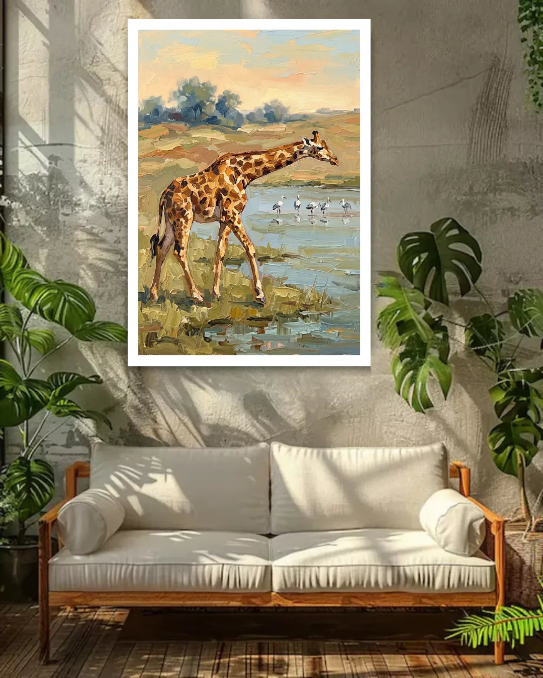 Framed painting of a giraffe in a natural setting above a sofa with plants around.