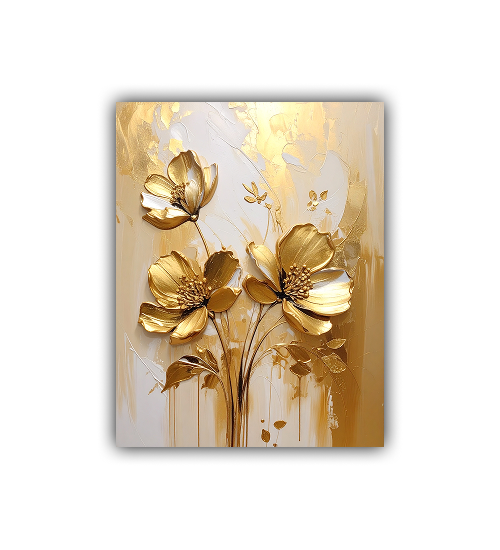 Close-up view of gold floral wall art canvas painting
