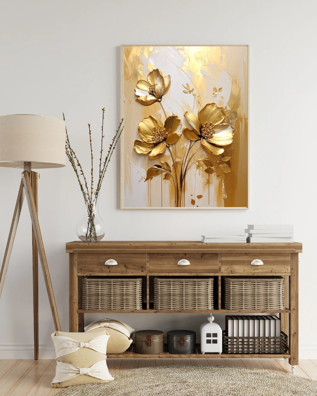 Gold floral wall art canvas displayed above a wooden console table in a modern interior
