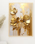 Gold floral wall art canvas with elegant metallic flowers on a light background
