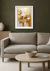 Modern living room decorated with gold floral wall art canvas above sofa
