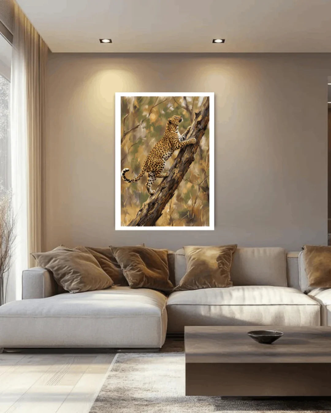 Premium golden cheetah canvas wall art displayed above a bed in a contemporary bedroom