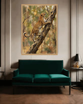 Luxury golden cheetah canvas wall art showcased above a green sofa in a modern living room