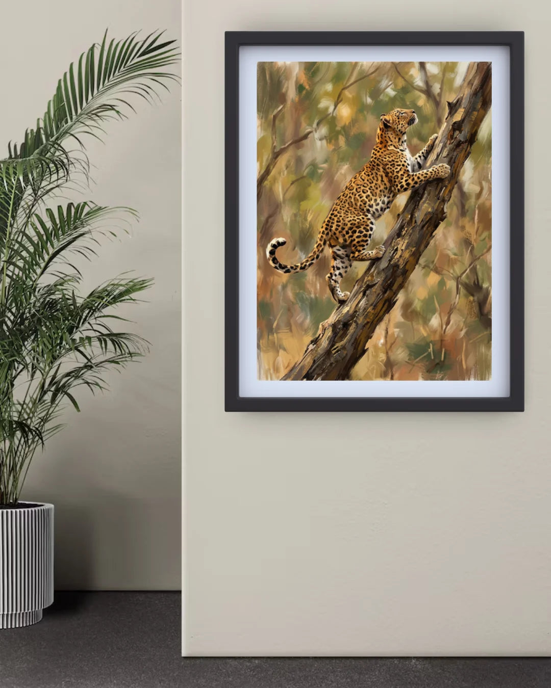 Golden cheetah canvas wall art displayed on a minimalist wall with modern home décor.