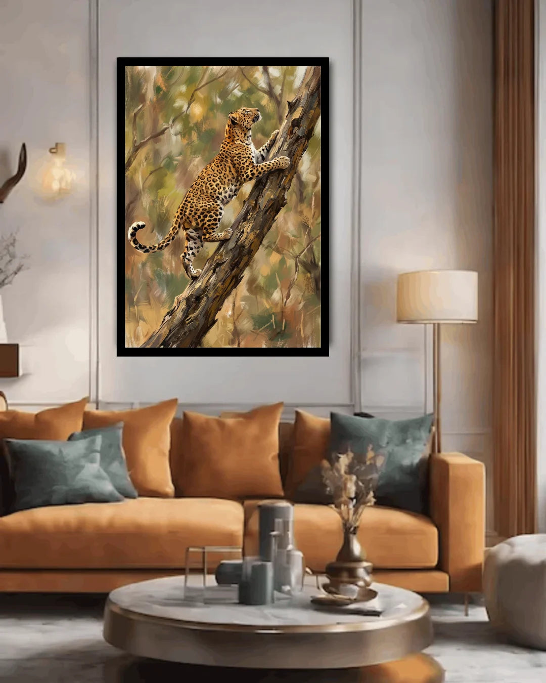 Golden cheetah canvas wall art displayed in a modern luxury living room with elegant furniture and warm lighting.