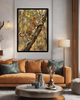Golden cheetah canvas wall art displayed in a modern luxury living room with elegant furniture and warm lighting.