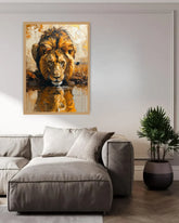 Modern Golden Lion Canvas Print Displayed Above Bed in Stylish Bedroom
