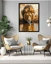 Golden Lion Canvas Wall Art in Black Frame Displayed Above Console Table in Modern Living Room