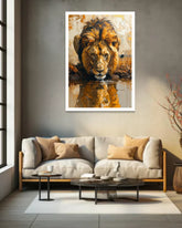 Golden Lion Canvas Wall Art Displayed Above Sofa in Contemporary Bedroom