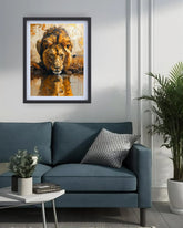 Luxury Golden Lion Canvas Wall Art Displayed Above Blue Sofa in Modern Living Room