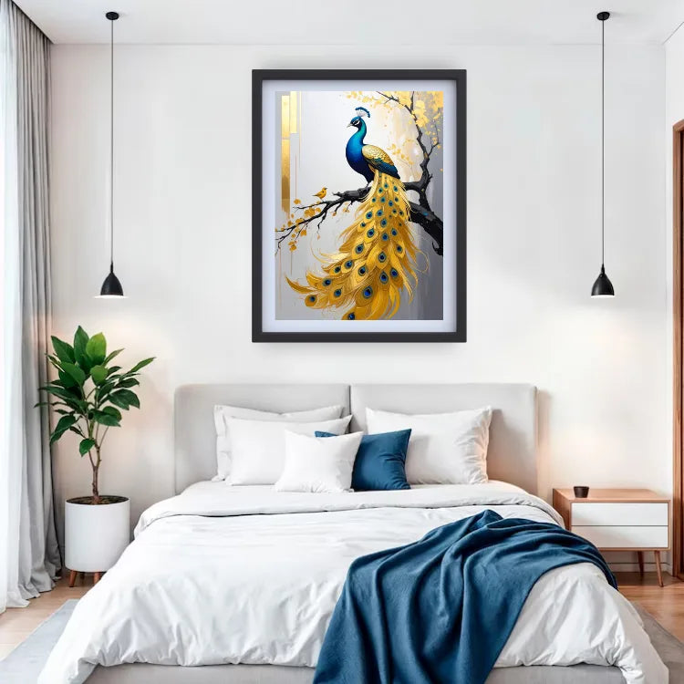 Golden peacock canvas wall art displayed above a bed in a bright modern bedroom
