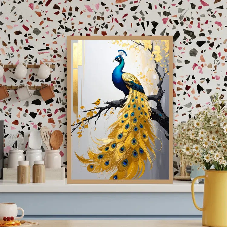 Elegant golden peacock canvas wall art displayed on a kitchen counter against a stylish terrazzo wall