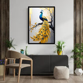 Framed golden peacock canvas wall art displayed on a wood-paneled wall in a contemporary home