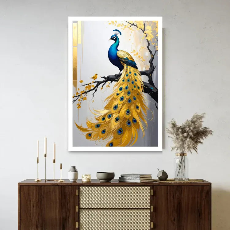 Golden peacock canvas wall art displayed above a wooden console table in a modern living space