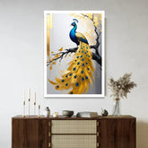Golden peacock canvas wall art displayed above a wooden console table in a modern living space