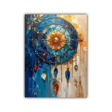 An abstract canvas painting of a dreamcatcher, featuring a circular web design with a golden sunburst center, blue and teal stained-glass-like sections, and hanging teardrop charms in blue, gold, and orange, set against a white background.