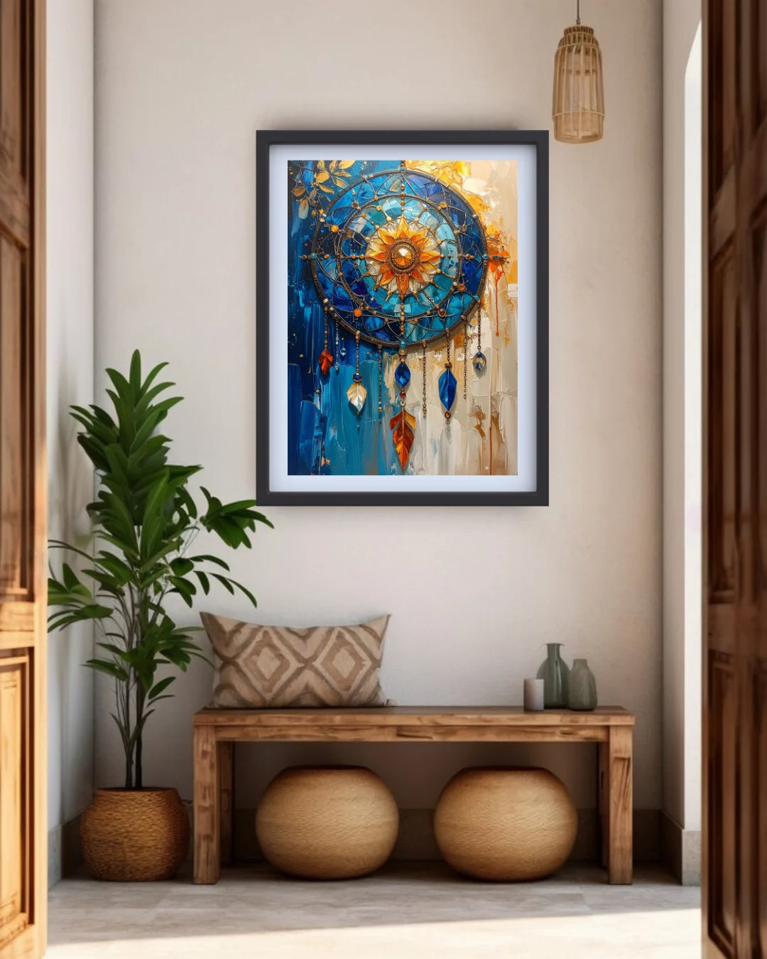 Framed wall art featuring an abstract dreamcatcher design in blue, gold, and orange tones, displayed in a styled interior setting above a wooden bench with a plant and decorative pillows.