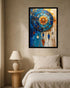 A framed abstract dreamcatcher-style wall art print hangs above a bed in a softly lit bedroom. The artwork features a circular web motif with blue, gold, orange, and white tones, and dangling jewel-like shapes.