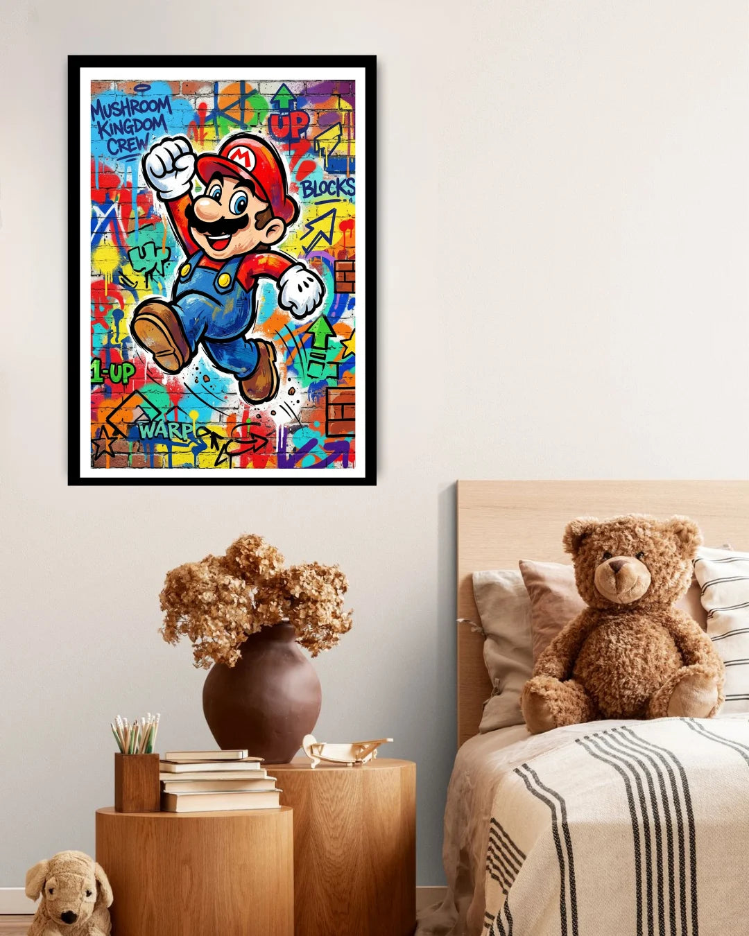 graffiti cartoon character wall art canvas in cozy kids room