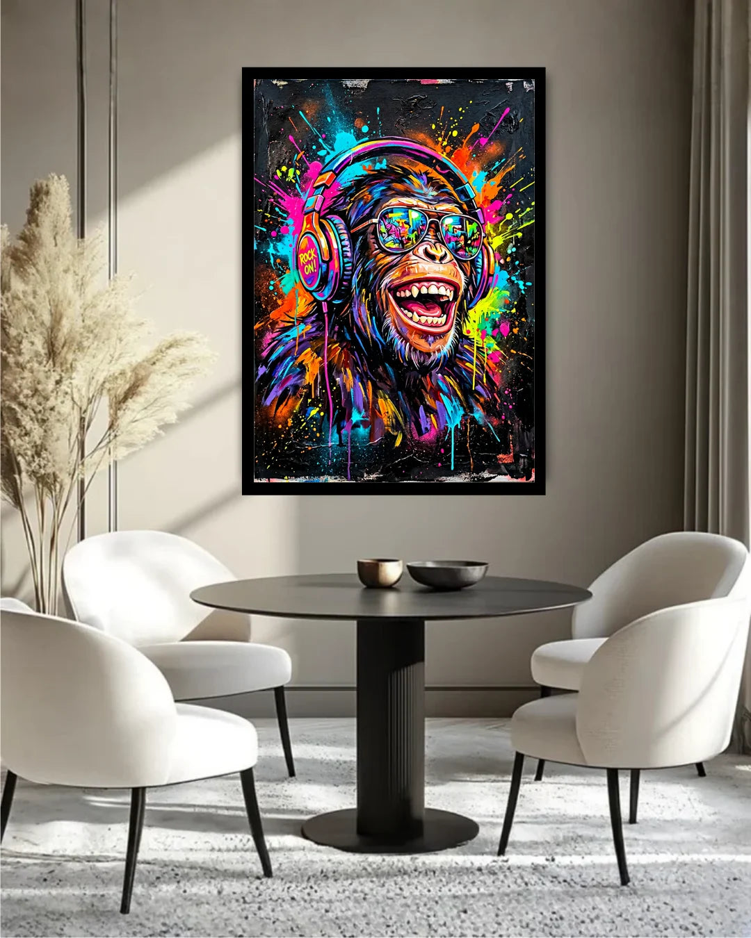 Colorful abstract painting of a monkey with headphones in a modern living room.