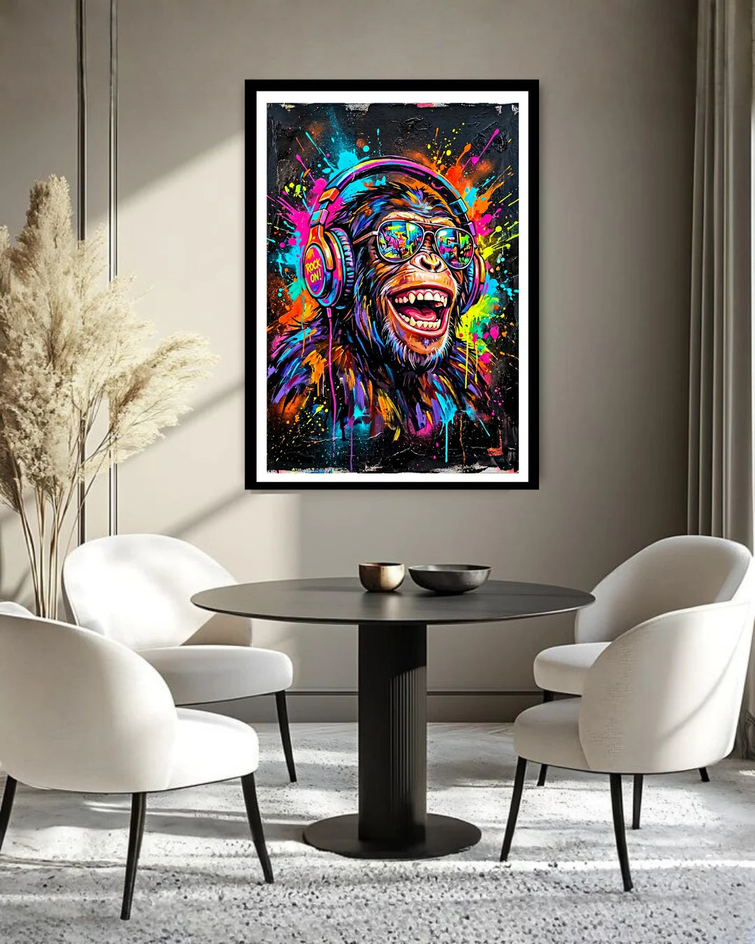 graffiti face wall art canvas displayed in modern dining room