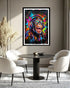 graffiti face wall art canvas displayed in modern dining room