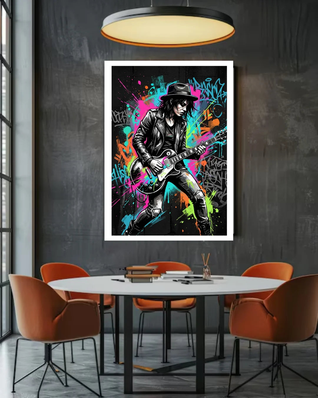 graffiti guitar wall art canvas in modern dining room decor
